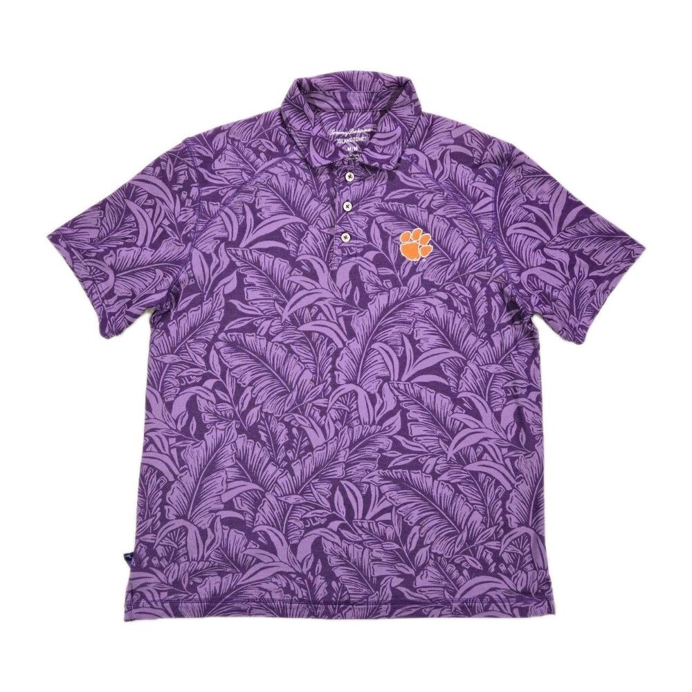 Mens Tommy Bahama IslandZone Floral Purple Polo Shirt Medium Clemson Tigers